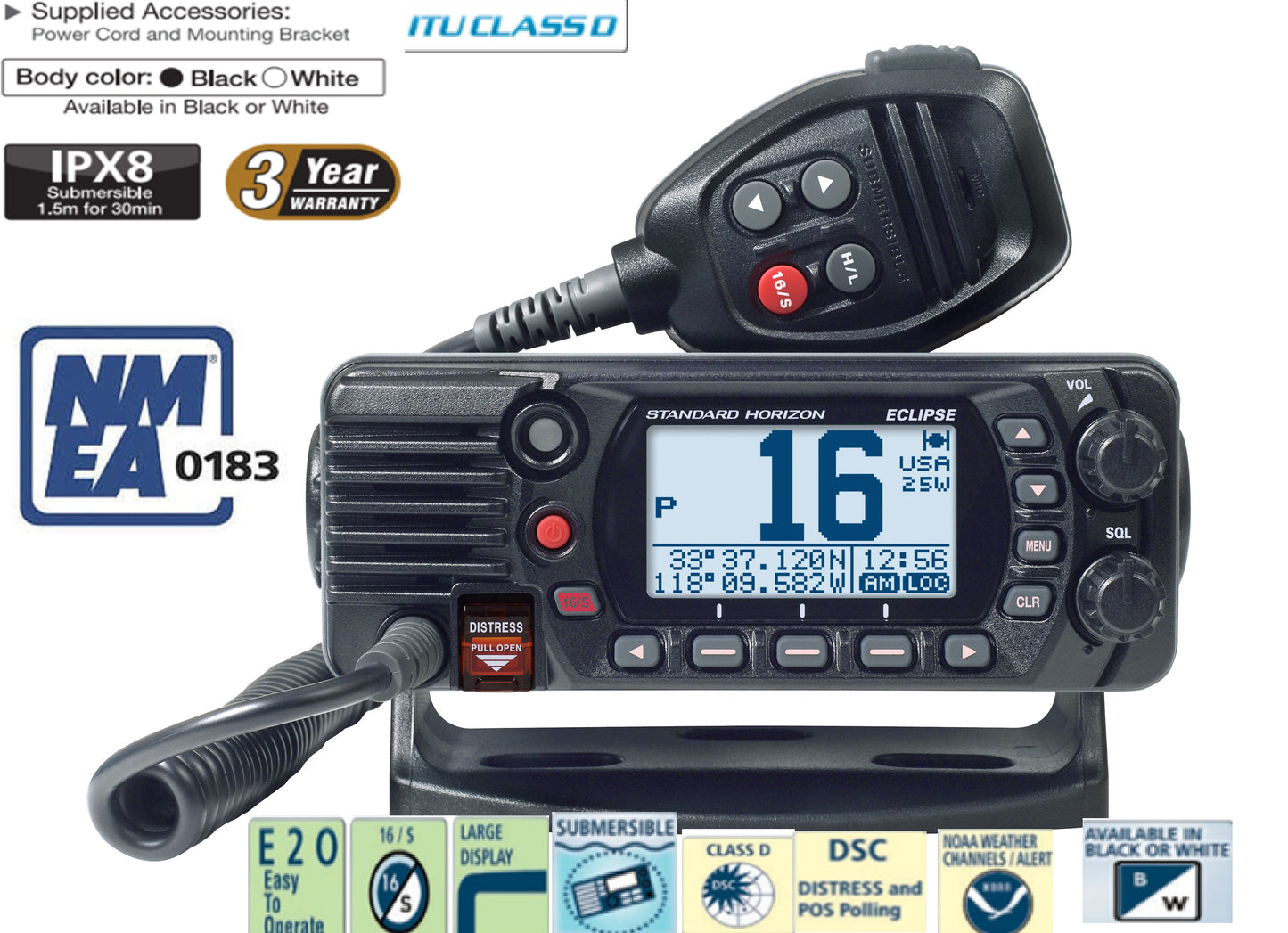 Standard Horizon GX-1410 Black Móvil Marino, Eclipse, Fixed Mount, VHF, 25W, NMEA0183, IPX8, E20, Canal 16, Clase D DSC, NOAA Precio + iva