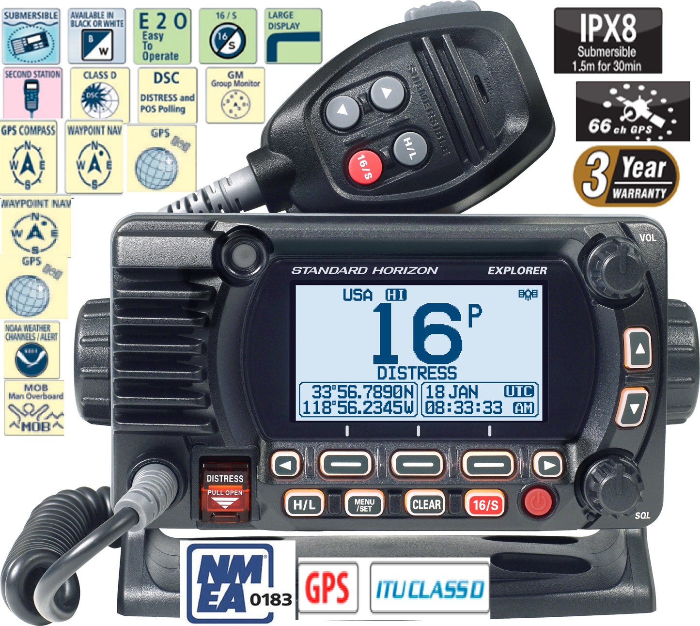 Standard Horizon GX-1800G VHF Marino 66CH 25W Equipo Radio marino Clase D de montaje fijo con GPS, MOB, NMEA0183, GM con DSC, IPX8 Precio + iva