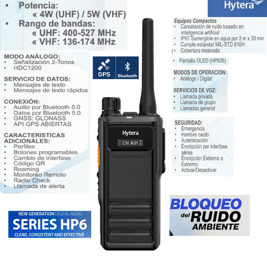 Hytera HP606 VHF 136-174MHz 1024CH Digital y Analogico 5W Radio digital DMR Tier II para Industrias con GPS Man Down Bluetooth, Pantalla OLED Precio +iva