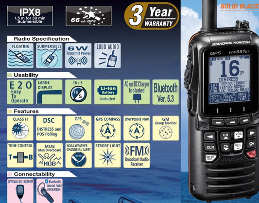 Standard Horizon HX-891BT Solid Black VHF Portátil marino flotante IPX8 DSC Clase H de 6W MIL-STD-810F MOB, Bluetooth, GPS, NOAA, Strobe light Precio + iva