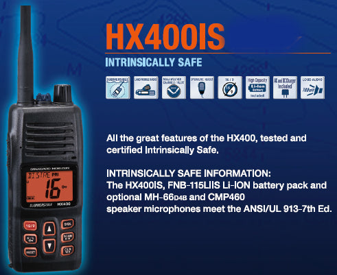 Standard Horizon HX-400IS, VHF, 5W/1W, 40CH LMR canales programables , FM Intrínsicamente Seguro Radio Portátil Marino Comercial Precio +iva