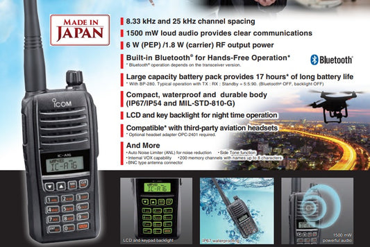 ICOM IC-A16B (Con Bluetooth) 200CH Memoria 6W Radio tierra-aire de 8,33/25 kHz Audio 1500 mW, IP67, MIL-STD-810-G, NOAA Alert (A pedido por importación) Precio + iva