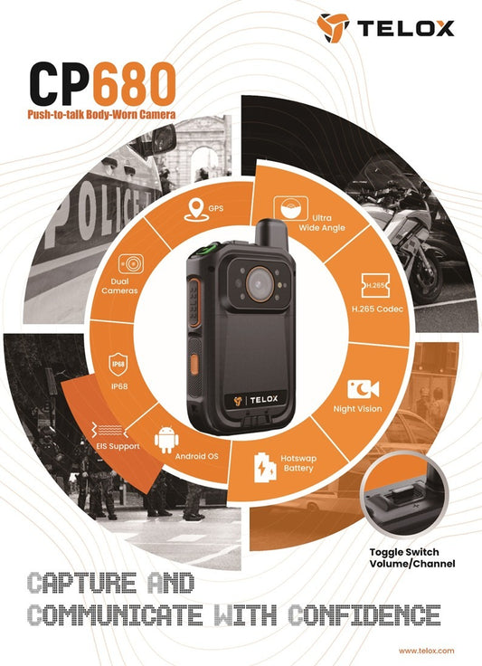 Telox CP680 Bodycam y Radio PoC 64GB 5G 4G Wifi Android 12 IP68 GPS Compresión H.265 Encriptación AES256 180gr Pre/Post grabación NFC BT5.0 USB C Precio + iva