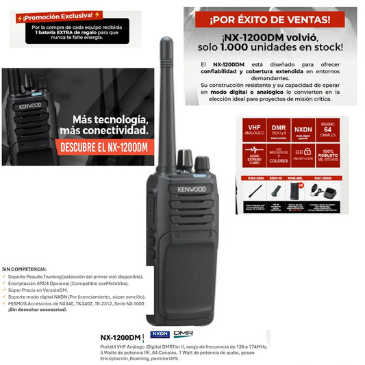 Kenwood NX-1200DK VHF 136-174 MHz 64CH DMR Tier II o NXDN 5W Radio portátil digital y analógico, sin pantalla roaming, encriptación con batería adicional de regalo Precio + iva