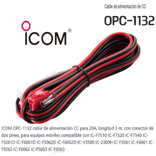 ICOM OPC-1132 Cable de alimentación CC para 20A, longitud 3 m, con conector de dos pines, para equipos móviles Precio + iva