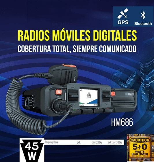 Hytera HM686H VHF 136-174MHz 512CH DMR Tier II Analogico 50W Radio móvil digital profesional High Power 5/45/50W GPS Bluetooth LCD screen Precio+iva