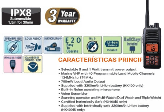 Standard Horizon HX-400 VHF 40CH LMR canales 5W/1W Portátil Marino Comercial ideal para trabajos marítimos y fluviales Precio +iva